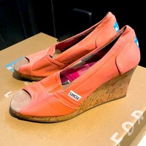 Toms coral peep-toe cork wedges size 6 worn once